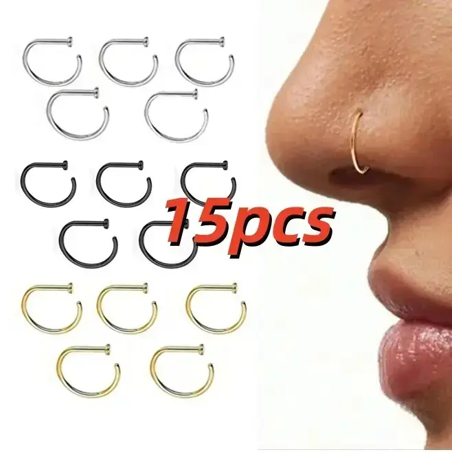 15pcs No Piercing Gold Nose Ring for Women and Men, Fake Clip-On Nose Hoop, Adjustable Stainless Steel Nose Cuff Jewelry