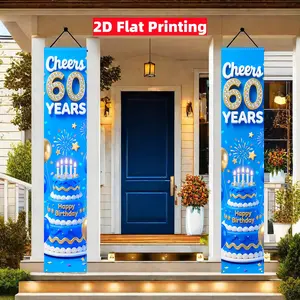 2D Flat, 2pcs 2D Flat Polyester Blue 60th Birthday Decorations Blue 60th Birthday Party Supplies Happy 60th Birthday Banner Backdrop Cheers to 60 Years Porch Sign Flag Decor 12x70.8 inches No Electricity Needed (1), 2D Flat