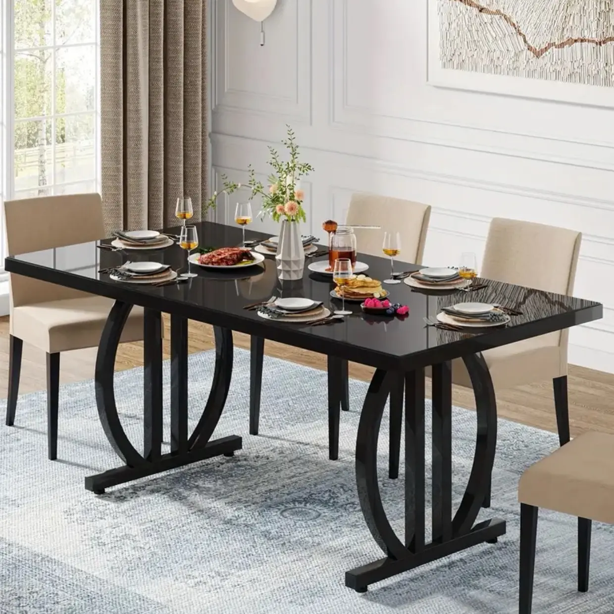 Modern Industrial Rectangular Dining Table - 63-in Black Finish, Reinforced Metal Frame for Durability, 4-6-Person Indoor Home Kitchen Furniture