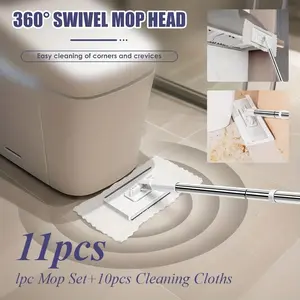 11-Piece Automatic Mop System Set, Includes 1 Hand-Free Auto Mop + 10 Cleaning Cloths, One-Click Cloth Change Design