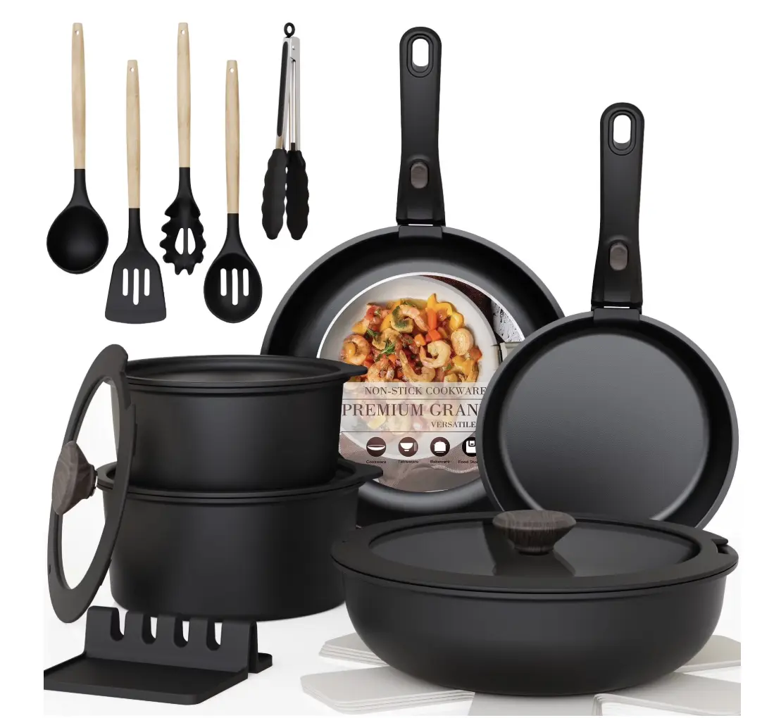 Astercook 20-Piece Pots and Pans Set, Nonstick Cookware Set with Detachable Handles, Oven & Dishwasher Safe, Induction Compatible, Stackable RV Kitchen Cooking Set, Black