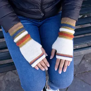 Baby Alpaca Fingerless Gloves, Classic Blue White Orange, Womens Casual Gloves