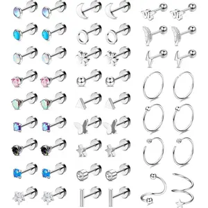 25 Pairs Surgical Steel Stud Earrings for Women Multipack Cartilage Earring Opal Moonstone Turquoise Butterfly Flower Star Flat Back Earrings Silver