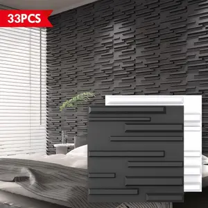 33pcs Black and White 3D Wall Panels, Linear Layered Design, 11.8"x11.8", PVC Material, Lightweight & Fire Resistant, Ideal for Bedroom, Living Room, TV Backdrops, Modern Interior Styling, Easy DIY Installation