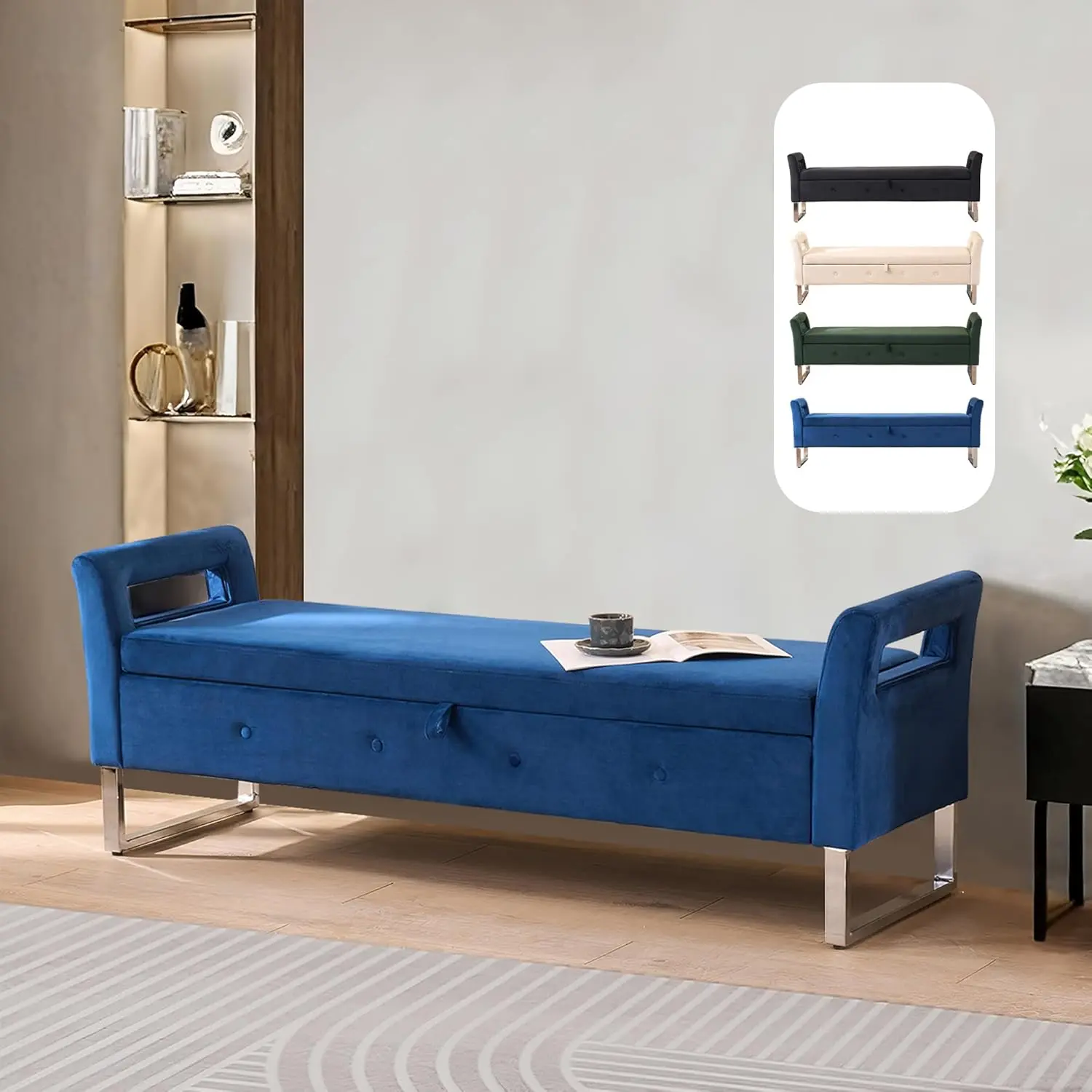 67.9” End of Bed Storage Bench King Size,Blue Velvet Ottoman Bench for Bedroom & Entryway,Soft Ottoman Seat with Hidden Storage Compartment