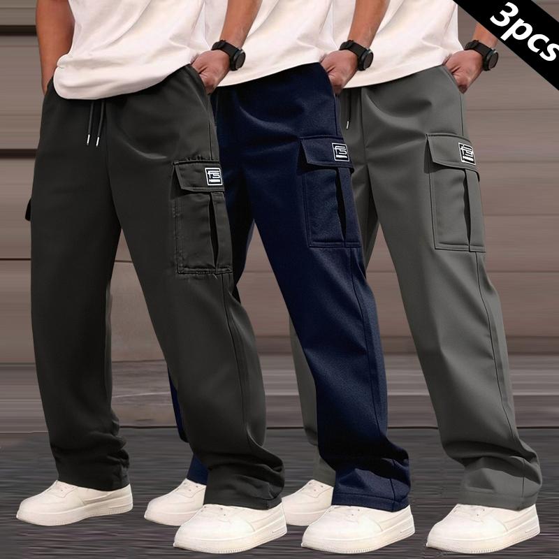 Clean Gent 3-piece men's solid color multi-pocket straight overalls, regular version casual fashion and comfortable outdoor trousers, men's bottoms for daily wear, drawstring waist pants