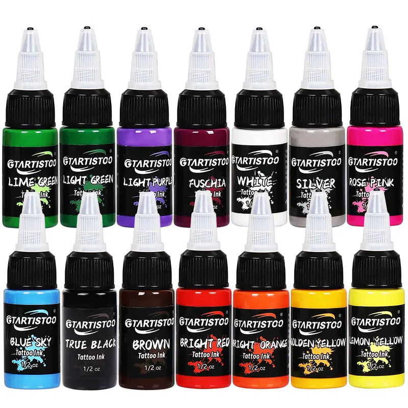 14 Color Tattoo Ink Set, 15ML Vibrant Colors, High Coverage Formula, Ideal for Beginners & Small Studios, Perfect for Artistic Tattoos