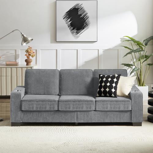 Niccae Modern 3-Seater Compressed Couch Corduroy Fabric Sofa with Built-In Cup Holders & High-Density Sponge for Living Room Bedroom Office