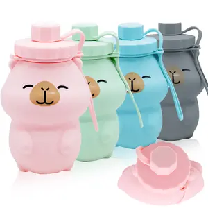 Cute Cartoon Shaped Foldable Water Bottle 500ml, Leakproof Soft Silicone Travel Flask with Handle, Portable Space-Saving Drinking Bottle for Hiking Camping Gym Daily Use