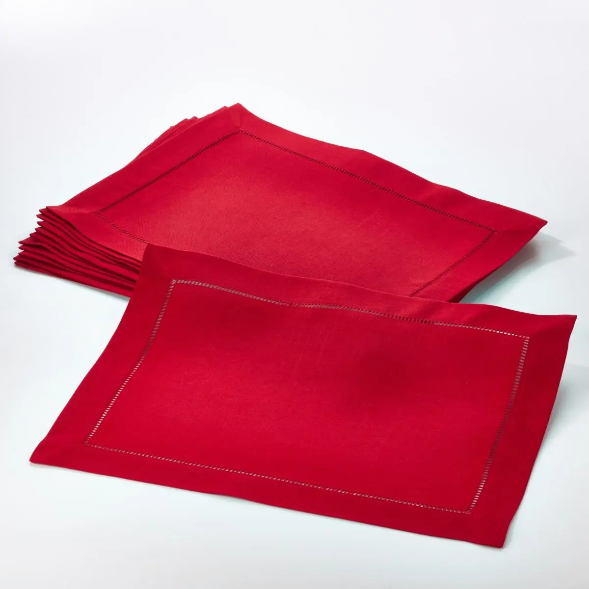 SARO 6301.R1420B Classic Hemstitch Edge Polyester Tableware Placemats, 14x20 in Red, Indoor Machine-Washable Rectangle Set of 12