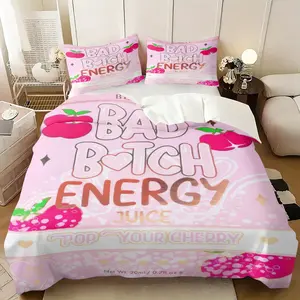 BAD Bitch Energy Juice Decorative Duvet Cover Set,Includes 1 Duvet Cover and 1-2 Unfilled Pillowcases,with Vibrant Pink Cherry & Strawberry Kawaii Print,Soft Cozy Bedding Set for Bedroom,Dorm & Guest Room Decor