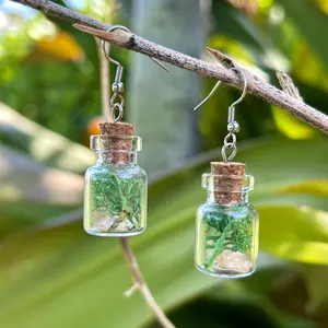 Mini Terrarium Plant Bottle Dangle Earrings // Women’s Real Plant Jewelry (Reindeer Moss) // Festival Ren Faire Accessories