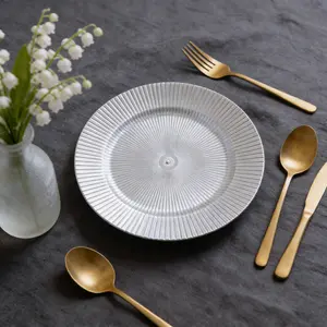 JIT Silver Charger Plates, Elegant Tableware Decor, Round Plastic Reef Plate Chargers for Dinner Plates, Wedding, Party Elegant Decoration Place mats Non-food cobtact Set of 12