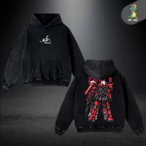Gundam Mobile Suit Zaku II MS-065 Hoodie – New Release Unisex Mineral Washed Heavy Cotton, Double-Sided Anime Manga Design, Perfect Gift for Gundam Fans & Anime Lovers