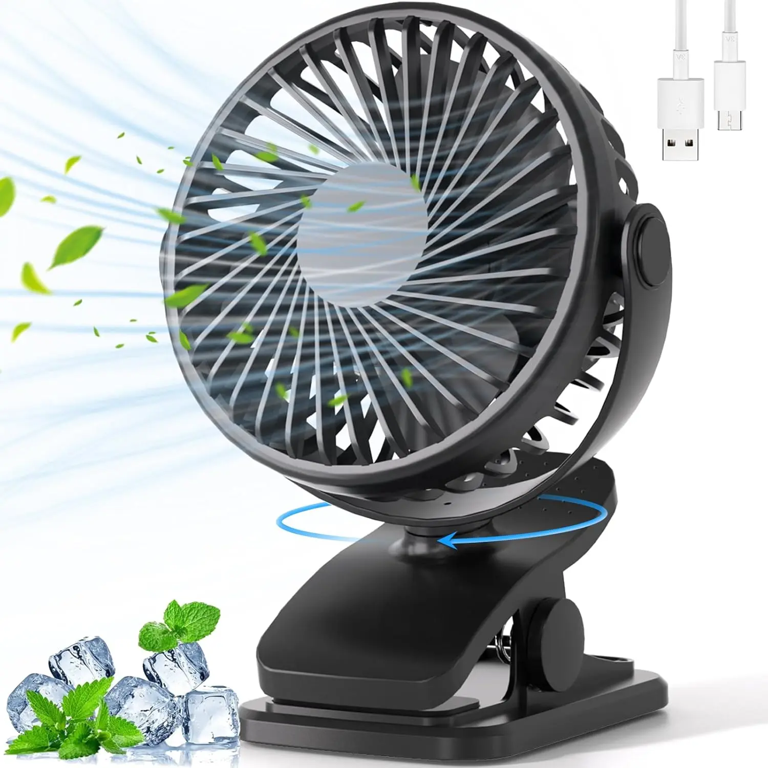 [New Deal] Portable Clip on Fan - 360° Rotate Battery Operated Stroller Fan, 3 Speed  Mini Fan for Outdoor Camping Golf Cart, USB Rechargeable Low Noise Fan Silent Operation Fan, Personal Cooling Fan