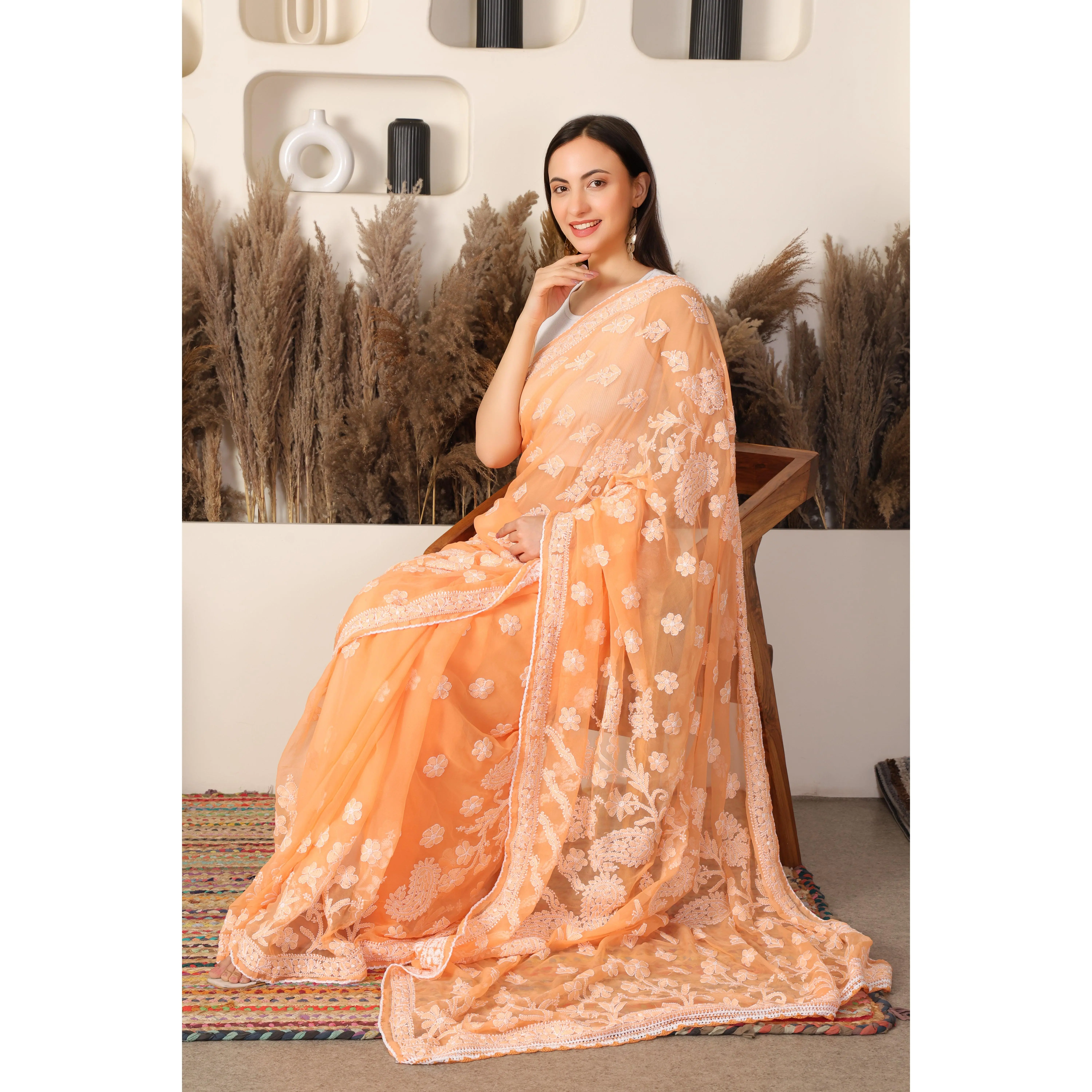 Misri Georgette Apricot Chikankari Saree