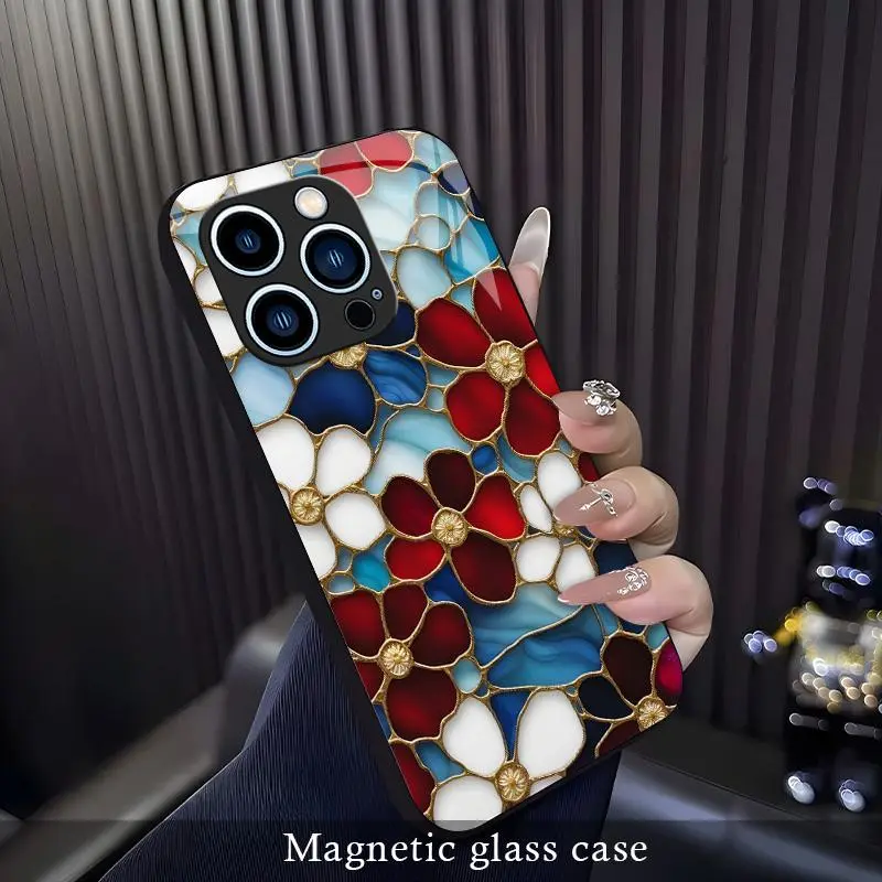 Luxury stained glass floral magnetic phone case for iPhone 17/16/15/14/13/12 (Pro/Max/Plus) | Aesthetic flower shockproof clear cover compatible with MagSafe — 975