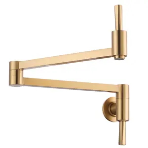 WOWOW Wall Mounted Double Handle Pot Filler Folding Brass Kitchen Faucet with Swing Arm in Brushed Gold