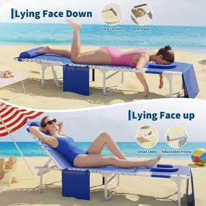Garvee 3-in-1 Outdoor Chaise Lounge Bench with Face Hole – 5 Reclining Positions, Folding Side Table, Removable Pillow – Lay Flat Sun Lounger for Patio, Pool, Garden, Camping, Max 330lbs