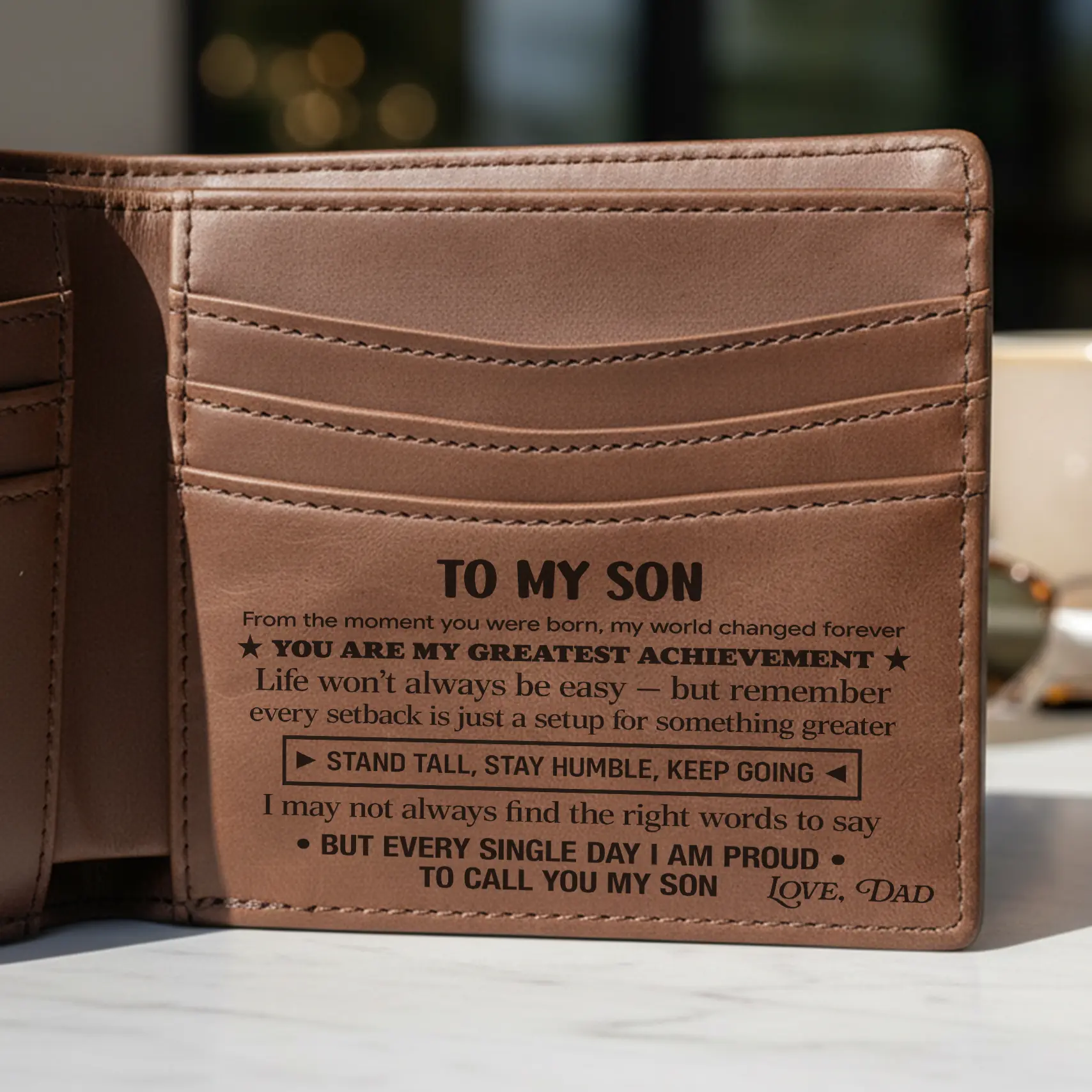 To My Son Wallet - Engraved Leather Wallet Gift for Son from Dad Mom, Bifold RFID Wallet, Graduation Birthday Christmas Gift for Him