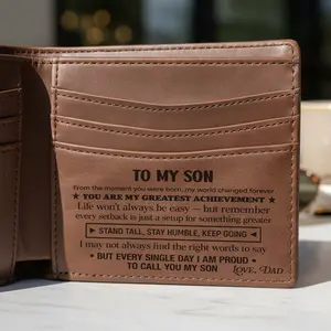 To My Son Wallet - Engraved Leather Wallet Gift for Son from Dad Mom, Bifold RFID Wallet, Graduation Birthday Christmas Gift for Him