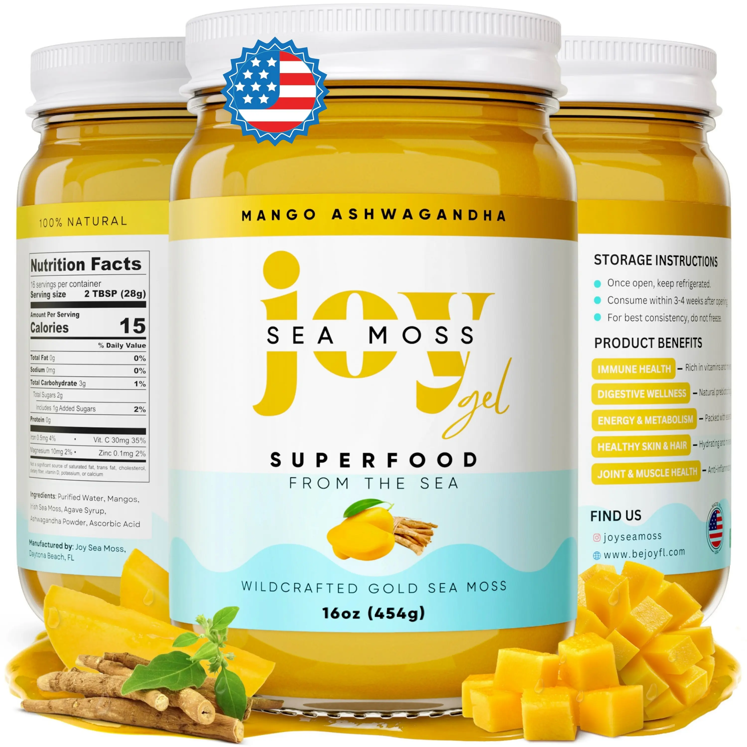 Joy Sea Moss Gel 16 oz Mango Ashwagandha Superfood from the Sea Rich in Vitamins Minerals Real Fruit Nutritional Supplement Made in USA