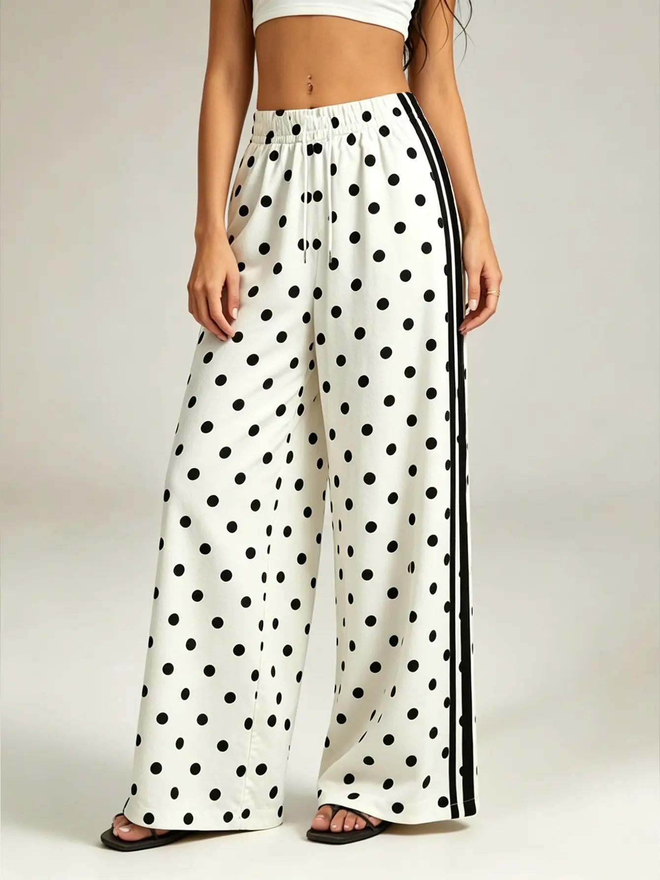 Women’s Retro Korean-Style Polka Dot Knit Wide-Leg Athletic Pants - Soft, Smooth, Lightweight, Breathable Fabric, Elastic Drawstring Waistband, 3 Stripes on Both Sides, Essential Loose Slimming Drape Bottoms for Spring Summer Everyday Casual Wear