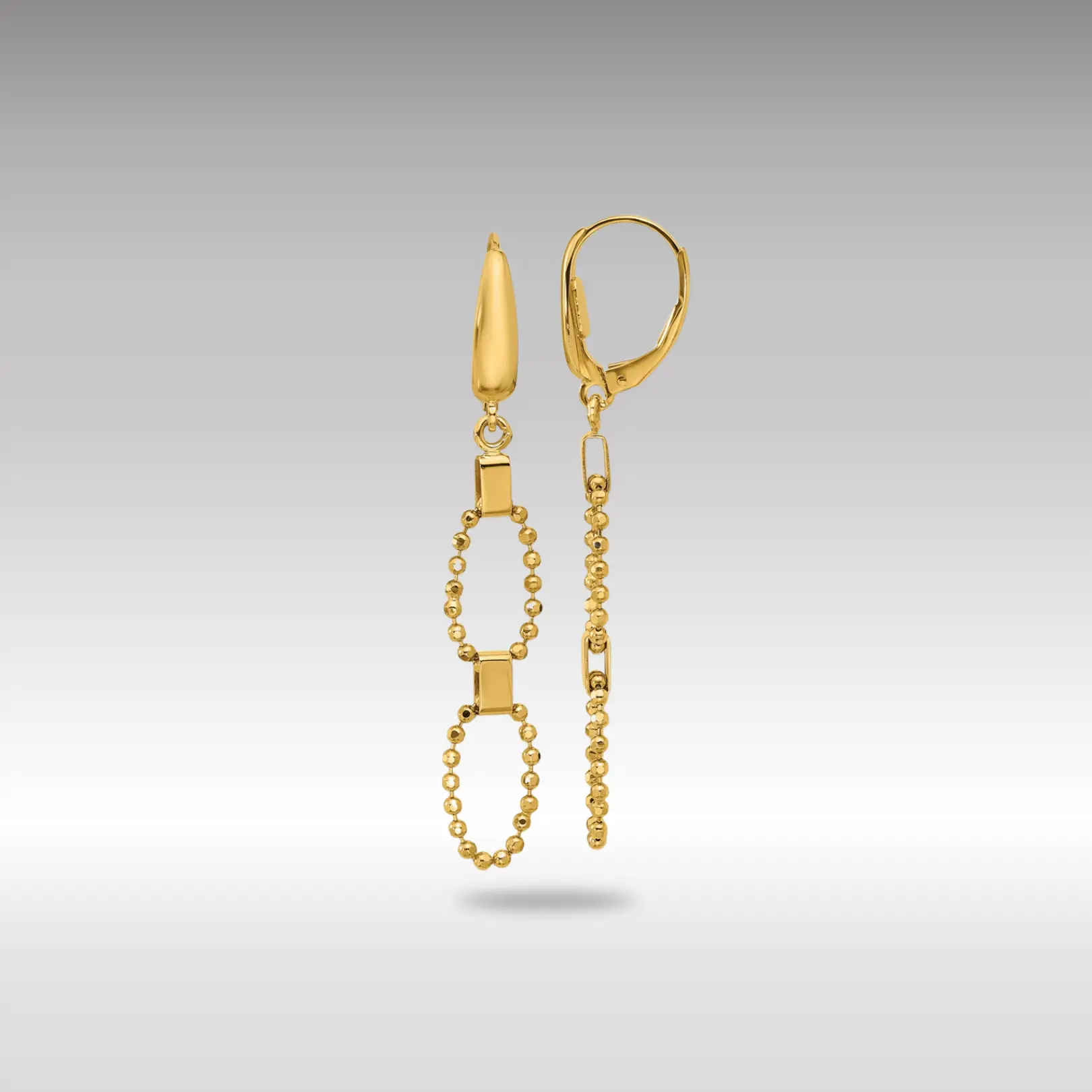 14K Gold Polished/Dia-cut Beaded Link Dangle Leverback Earrings - Model LE2779