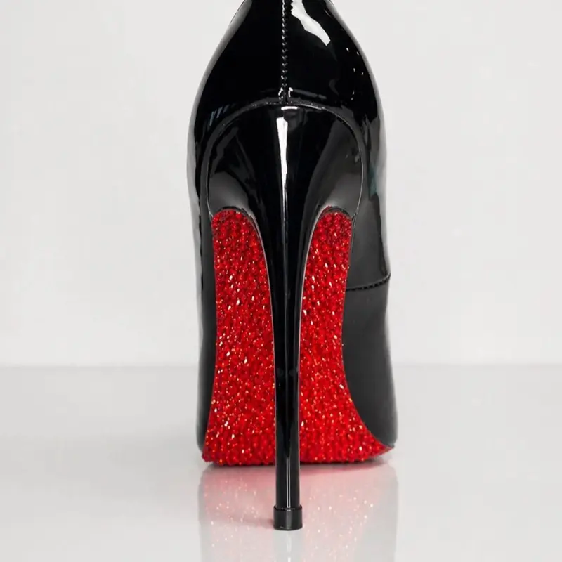 Crystallized Red Bottoms - Glossy Black Heels with Sparkling Red Heel Design for Women's Fashion