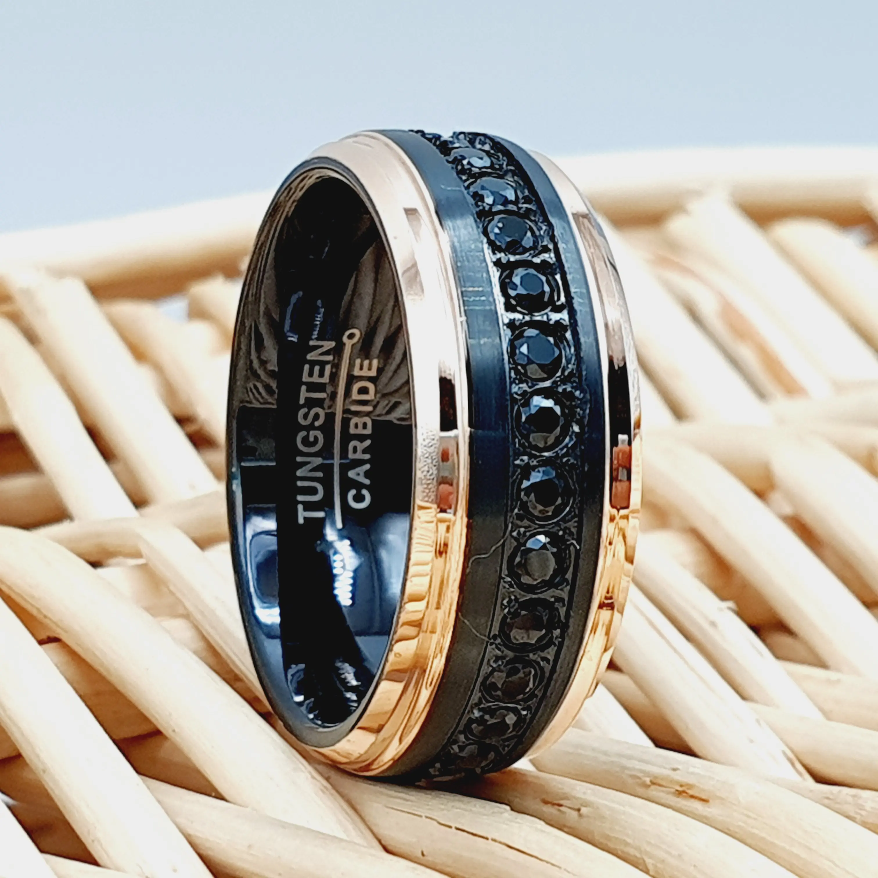Mens Rose Gold Tungsten Black Diamond Ring with Raised Center Black Diamond