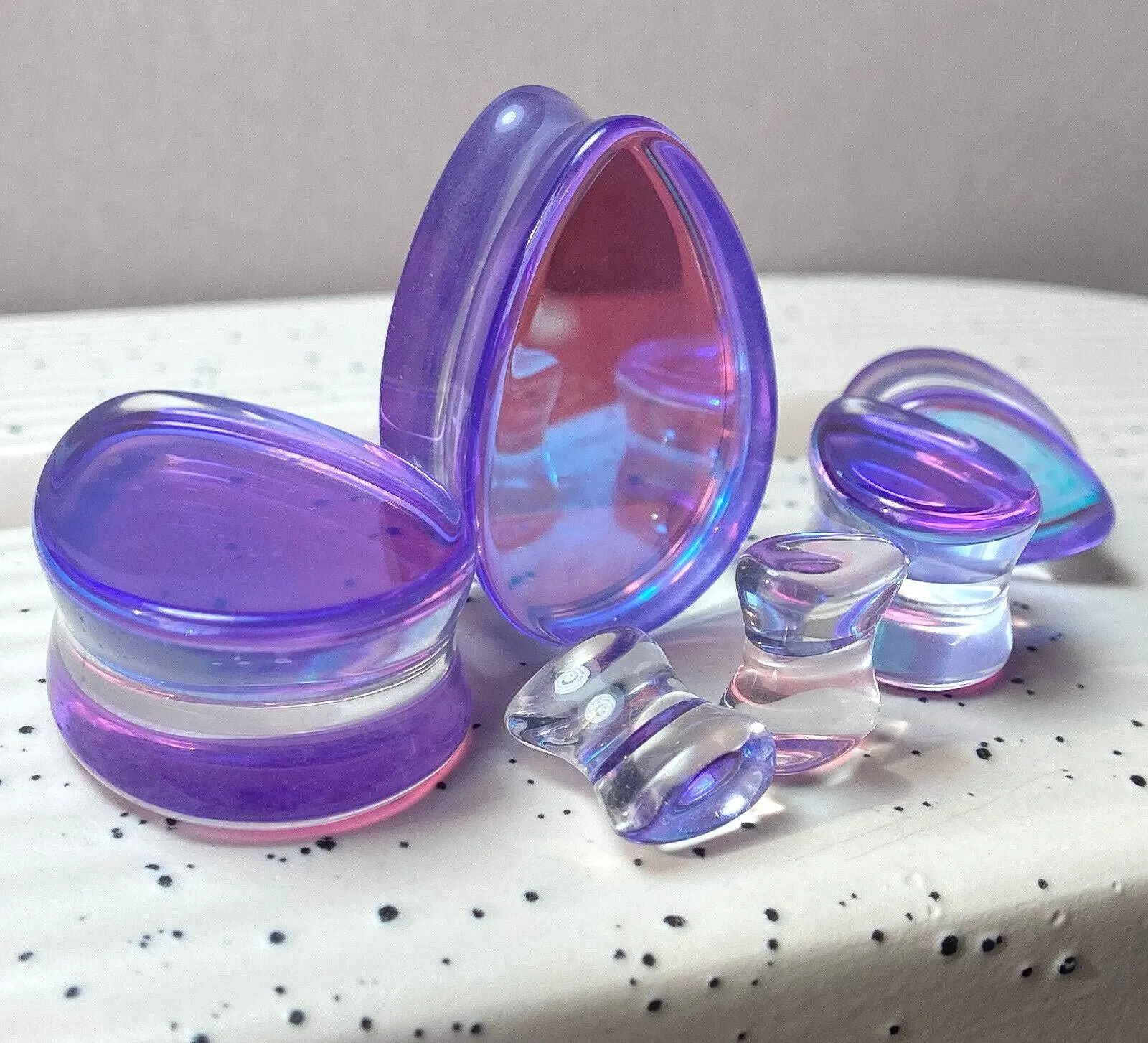 PAIR Mermaid Iridescent Glass Tear Drop Double Flare Plugs Gauges Body Jewelry