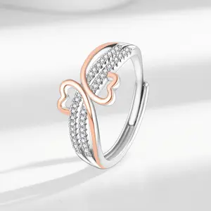Two-Tone Rose Golden Double Heart Ring For Women Inlaid With Zircon Simple Wave Dainty Ring Band Adjustable Open Unique Stacking Rings