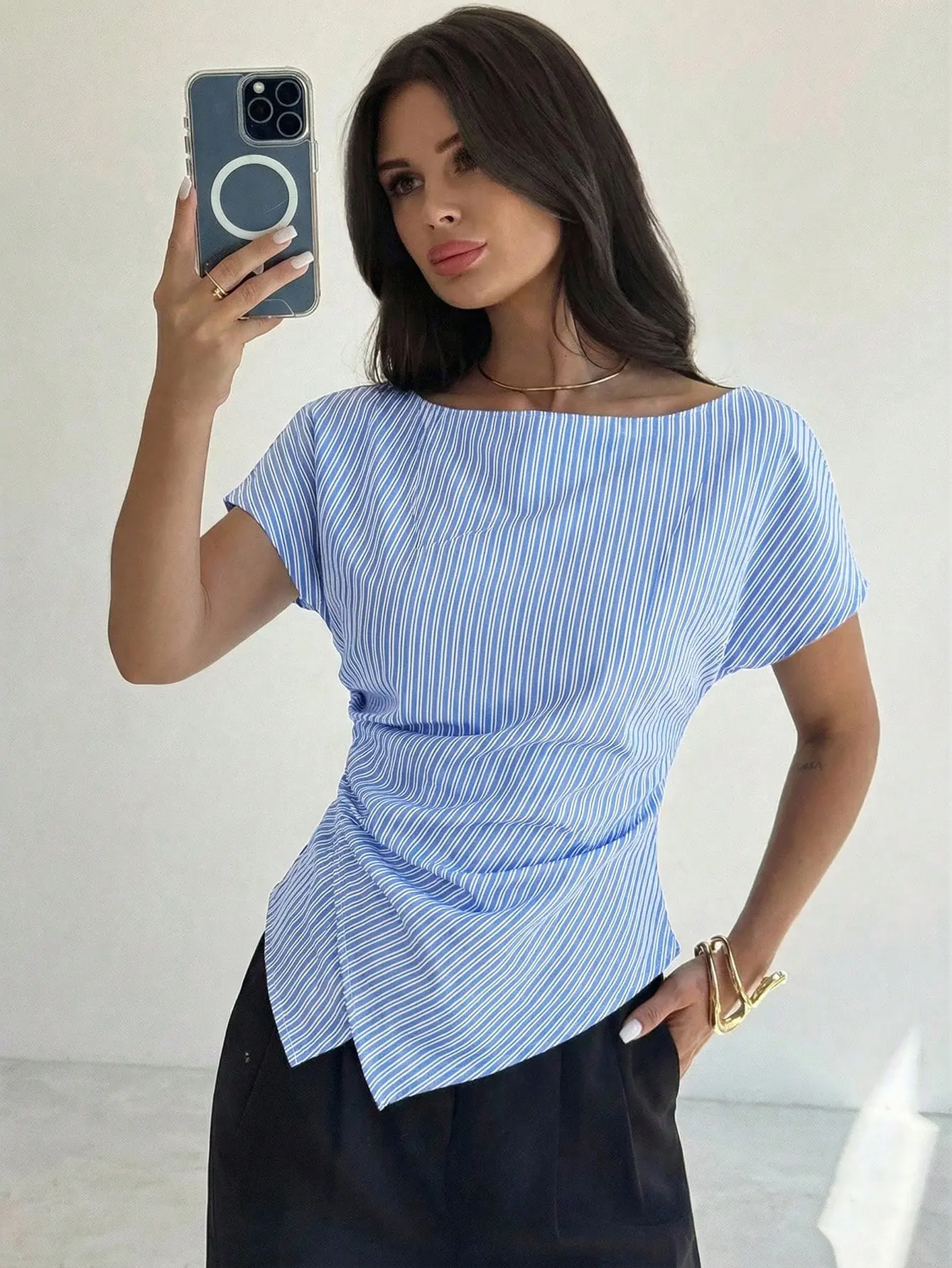 VYNCE Elegant Blue White Stripe Asymmetric Hem Blouse Summer Office Work Attire Business Casual Top Vacation Bohemian