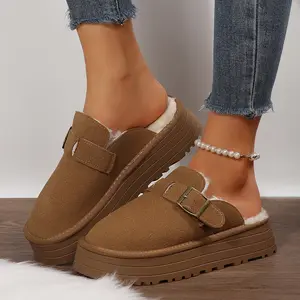 Suede Buckle Platform Slippers for Women Plush Lined Clogs Casual Winter Footwear Indoor Outdoor Shoes
