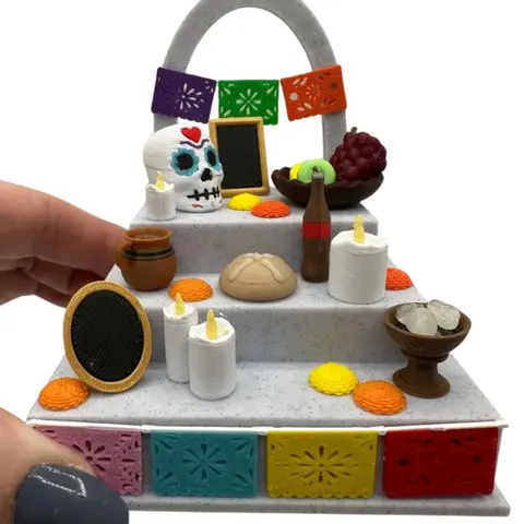 Mini 3D Printed Day of the Dead Dia de los Muertos Ofrenda Set, Miniature, Mexico, Hispanic, Sugar Skull, Calaveras, Pan, Copal, Papel Picado, Marigolds, Velas, Halloween Decor Artistic