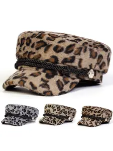 Unisex Faux Fur Leopard Print Beret Hat, Adjustable Sun Protection Casual Cap for Spring & Fall, Outdoor Travel Beach Vacation