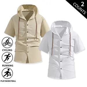 2-Pack Men’s Cotton-Linen Blend Hooded Short-Sleeve Button-Up Shirts, Casual Drawstring Hoodie Tops, Soft and Comfortable Button-Down T-Shirts for Men—Ideal for Workouts, Hiking, Travel, and Everyday Casual Outfits