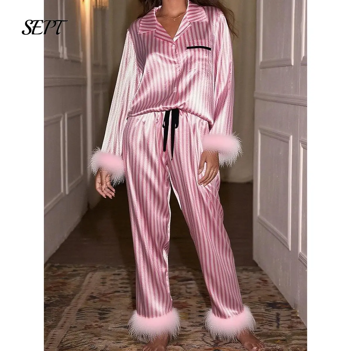 Womens Christmas Silk Pajamas Long Sleeve Feather Trim Button Down Shirt and Pants 2 Piece Bridal Pajama Set