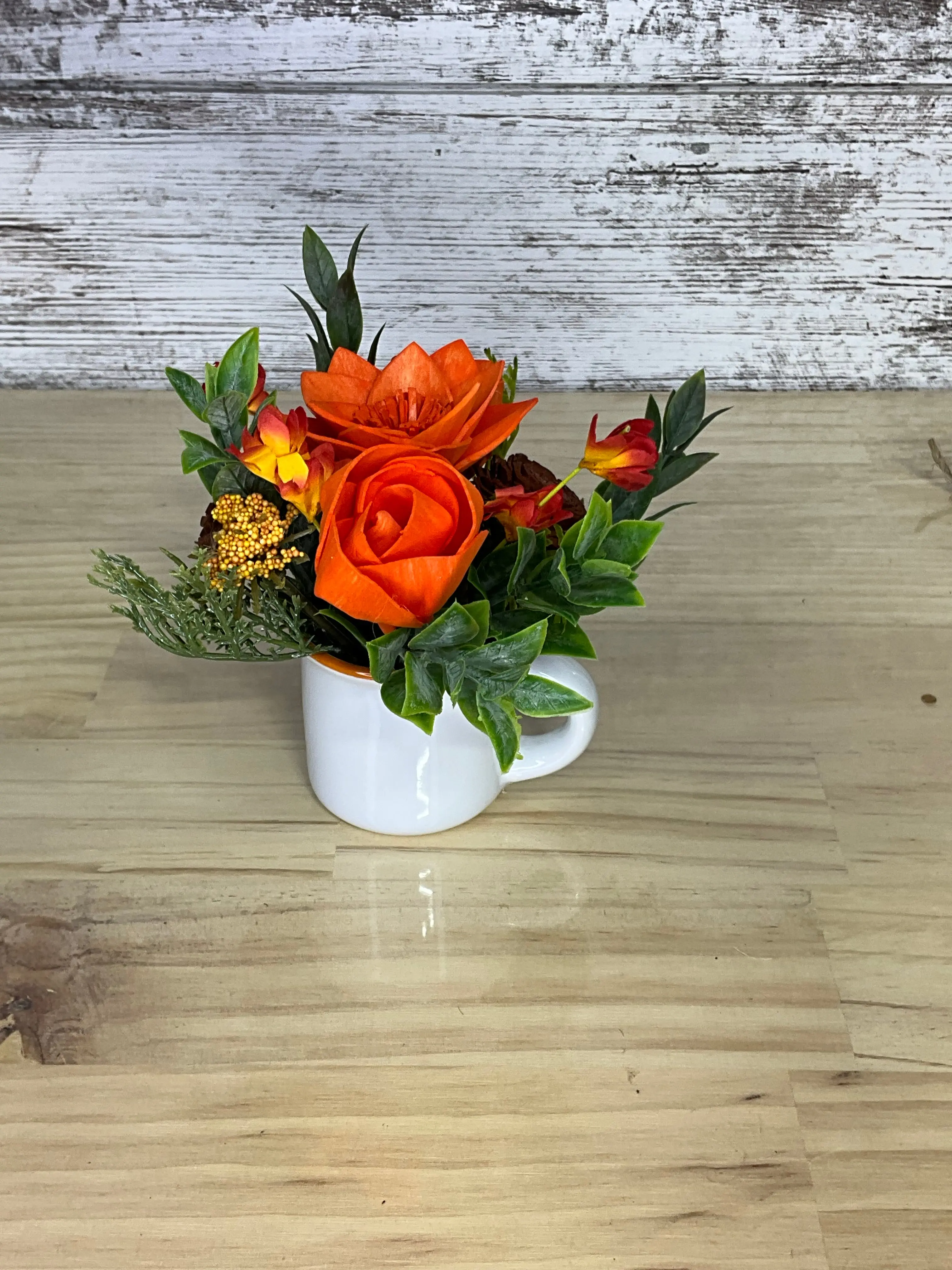Compact Decorative Miniature Arrangement Artificial Flowers - Eco-Sola Wood Chocolate-Berry Bouquet with White Ceramic Vase, Mixed Greens, Farmhouse Chic Desk Decor for Autumn Harvest Home Supplies & Gifts