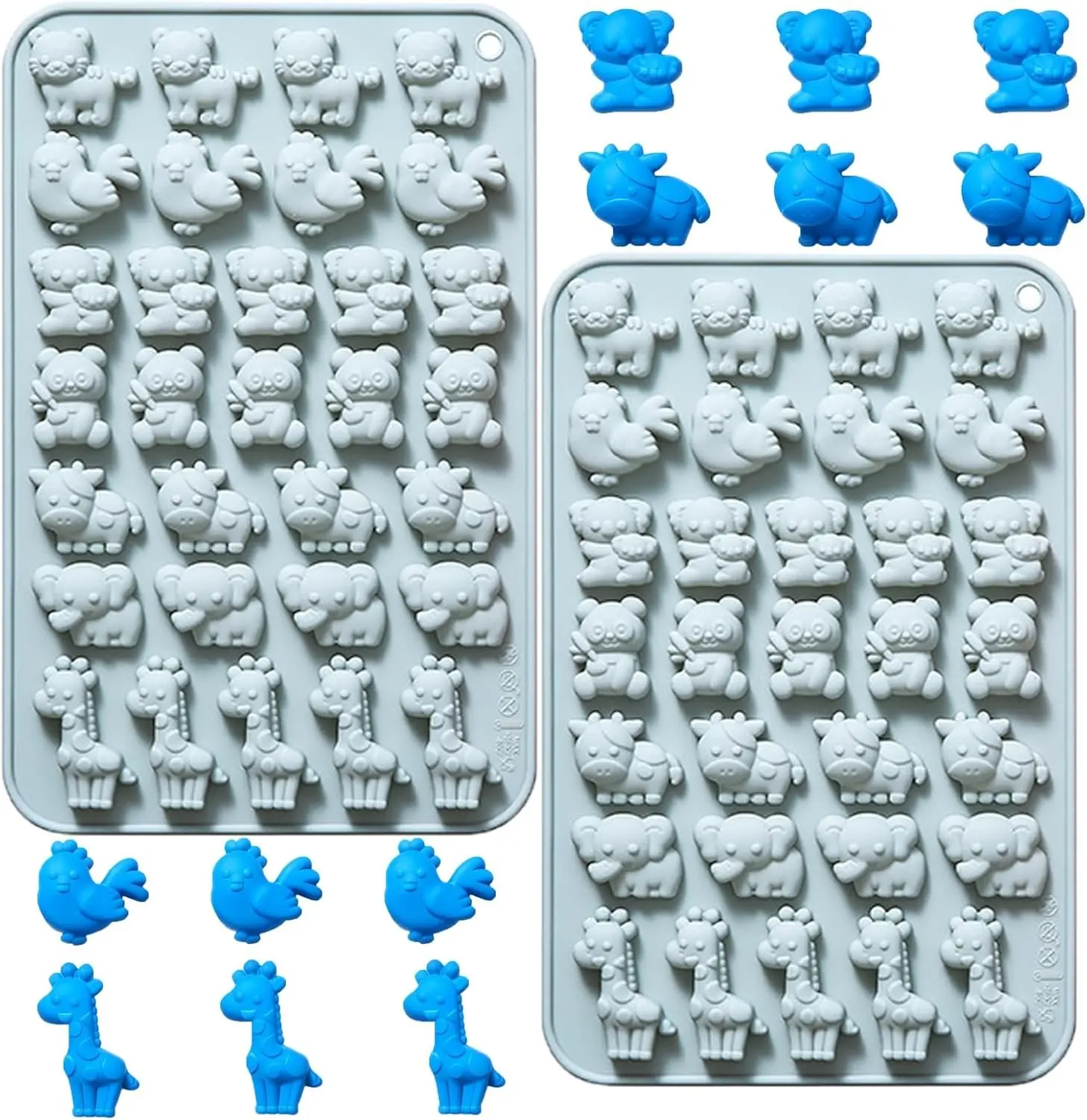 Flexible Cute Animal-Shaped Silicone Mini Molds Set (2-Piece) - Tiger, Chicken, Panda, Koala, Cow, Elephant, Giraffe Designs, Cow-Shaped Baking Tray for Bake Treats, Chocolate, Candy