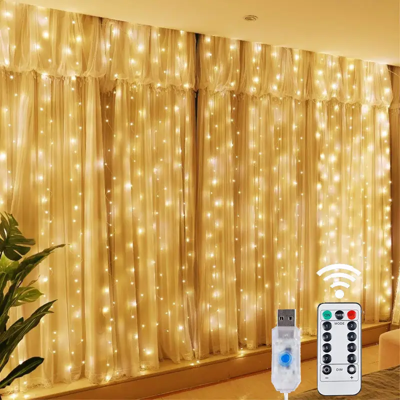3x3m LED Fairy String Curtain Lights - 8 Modes, Remote Control, USB Power, LED Light Bulb, Color Changing, Outdoor Safe, Long Life - Festive Home Decor for Christmas, New Year