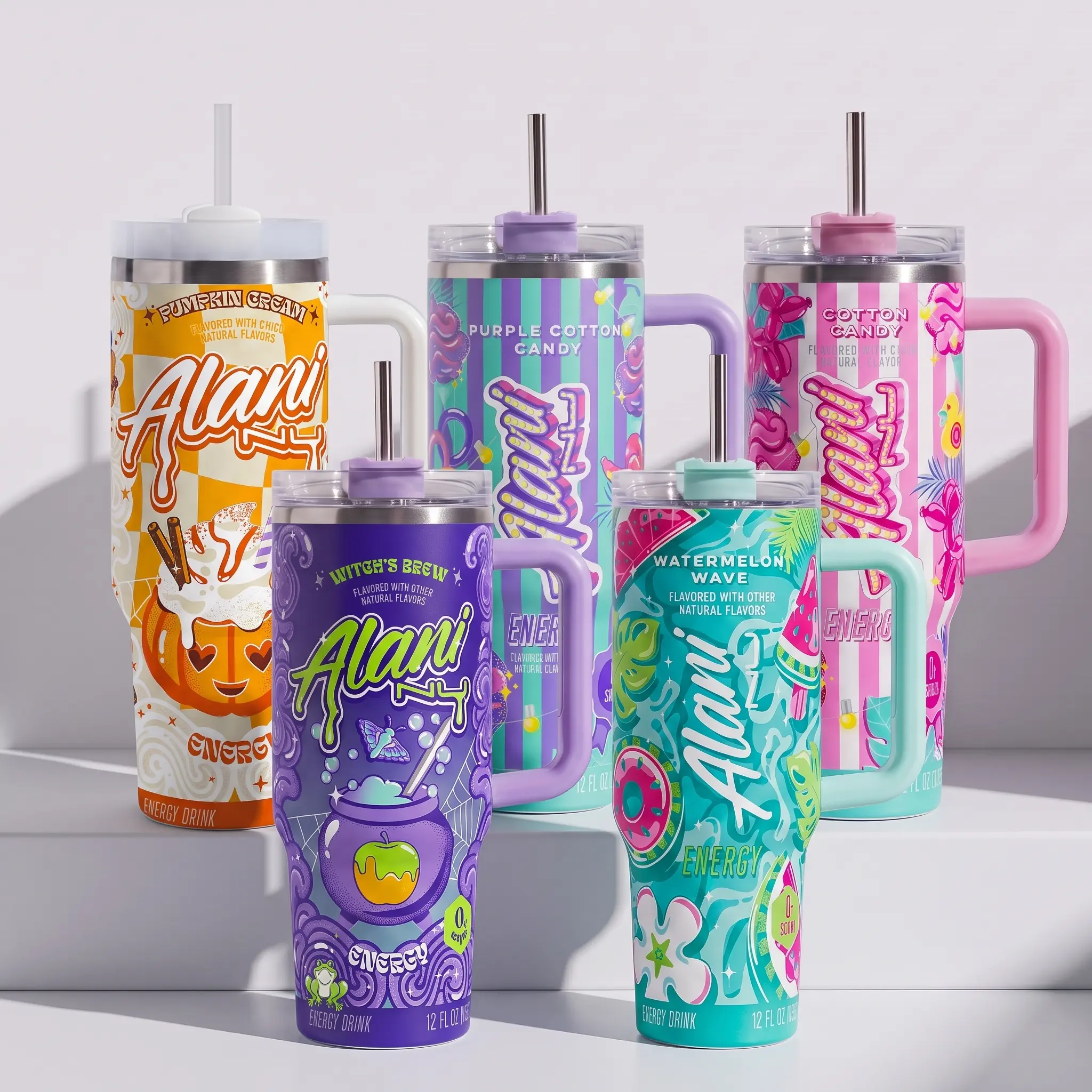 Alani Nu Full Color Tumbler With Handle - Witches Brew Energy Drink for Extreme Sports Athlete - Purple Cotton Candy, Pumpkin Cream , Witch's Brew Insulated Travel Mug With Straw Lid Portable Water Bottles Drinkware Reusable