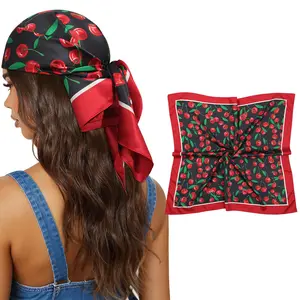 AWAYTR 27.5" Cherry Printing Head Scarf for Women Hair Scarf Reversible Silk-Like Bandanas for Sleeping Head Wrap Neck Cover