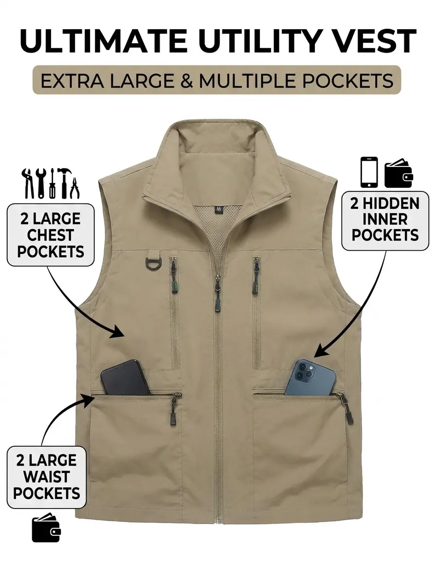 Men’s New Multi-Pocket Vest — Outdoor Fishing, Photography Outings and all-season workwear; summer khaki vest outfits, men’s vests/tank tops, solid-color zip vests