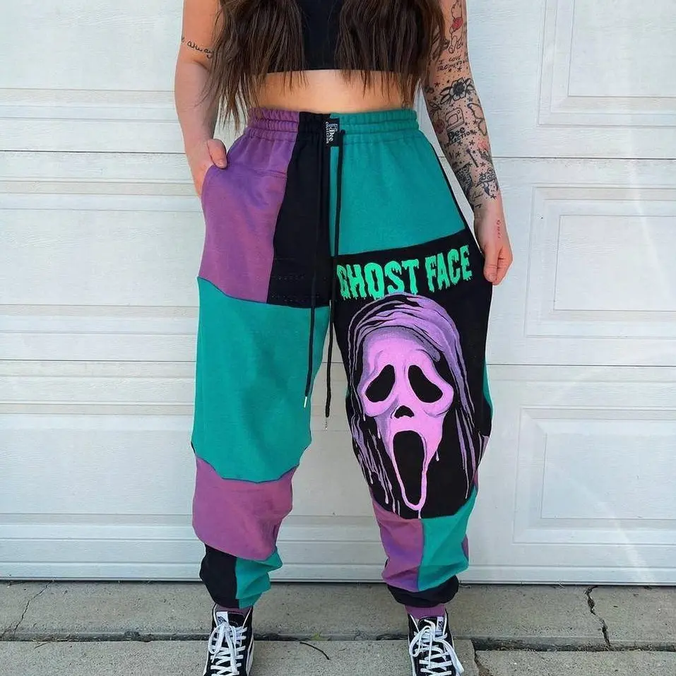 Ghostface Scream Neon Halloween Sweatpants, Unisex Patchwork Jogger Pants, Spooky Comfortable Streetwear Pants, Fall Winter Pants, For Men & Women, Gift For Horror Fans