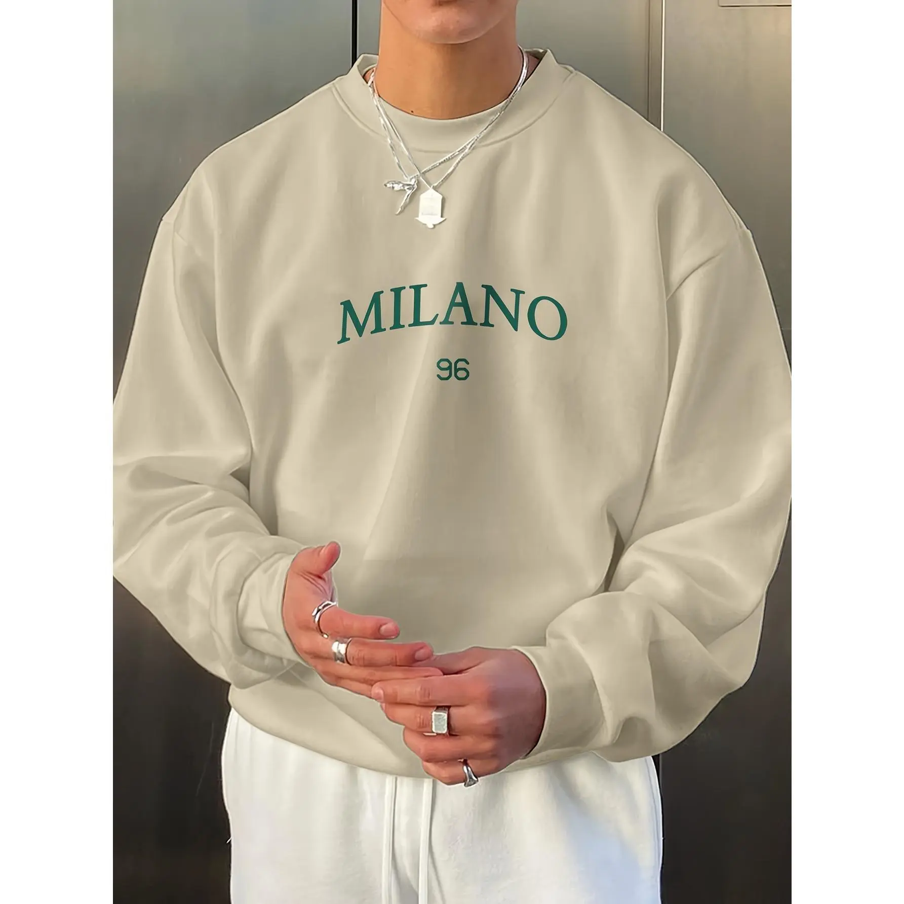 Men's Oversized Beige Sweatshirt with Green Milan Lettering - Casual Round Neck Long Sleeve Pullover, Italian-Inspired Design, Machine Washable Loose Fit for Everyday & Travel, Spring Summer Wardrobe Essential (Versatile Layering Piece)