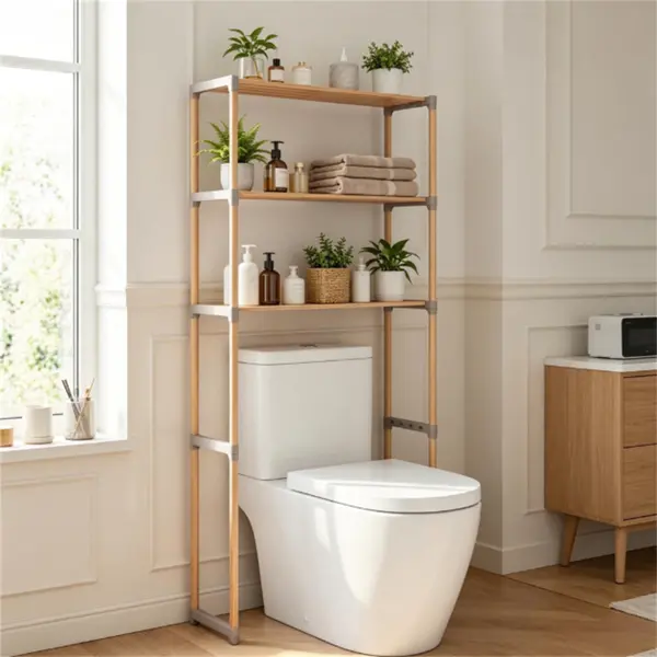 3-Tier Solid Pine Wood Over Toilet Storage Shelf - Tool-Free Assembly Bathroom Space-Saving Organizer with Anti-Slip Ft for Bathroom & Laundry Room Home Storage Racks