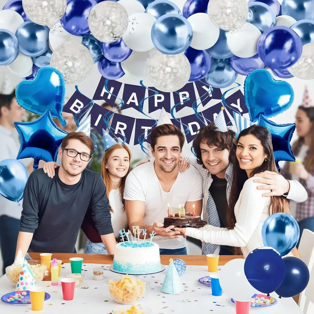 Happy Birthday Letter BalloonSet Blue Silver Rose Gold Party Decoration with Foil Curtain Heart Shaped Metallic Latex Confetti Balloons for Boyfriend's Gift Summer Home Decor Baby Shower balloon kit