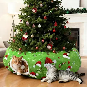Christmas Cat Tunnel Tree Skirt – Warm Flannel Donut Tunnel Bed with Soft Cushion & Hanging Ball Toy, Peekaboo Cat Cave Under Tree for Indoor Cats to Prevent Christmas Tree Falling, Plaid Red