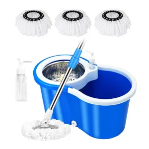 Mop and Bucket Set, 360 Spin Mop and Bucket System with 3 Microfiber Mop Replacement Heads, Mop and Bucket with Wringer Set for Home (Blue)